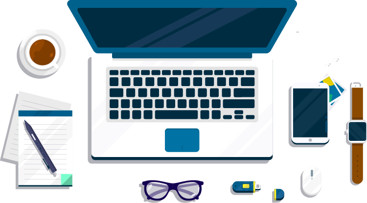 Desktop view of a computer, notebook and accessories