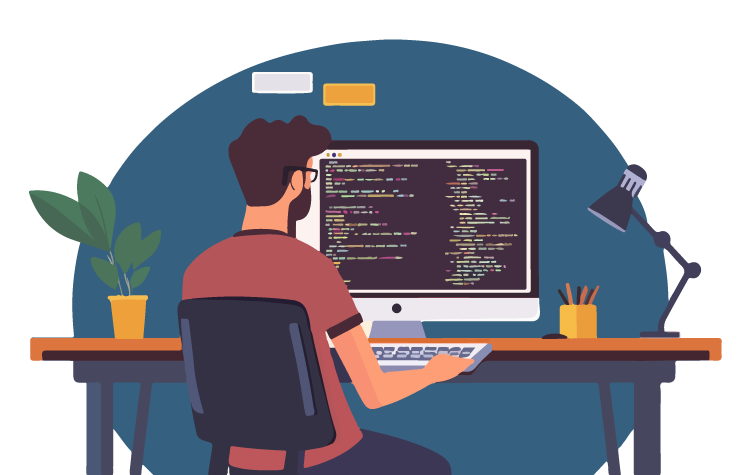 Image of web developer sat at a desk in front of his computer